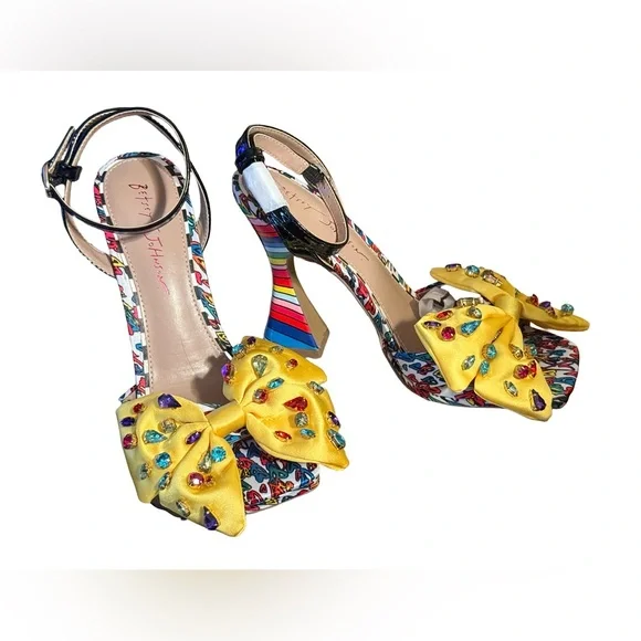 Betsey Johnson NWT Sz 8.5 Whimsical Colorful Heels & Yellow Rhinestone Bow (126) - Picture 3 of 12